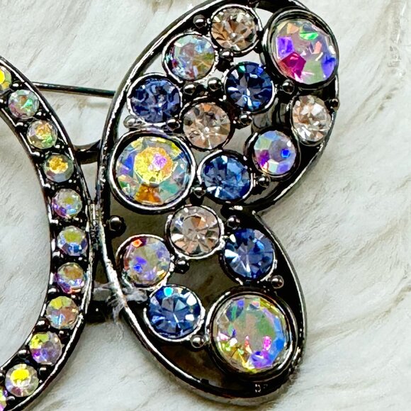 Butterfly Brooch Pin Aurora Borealis Crystals and Hematite by Lia Sophia Retired - Picture 2 of 4